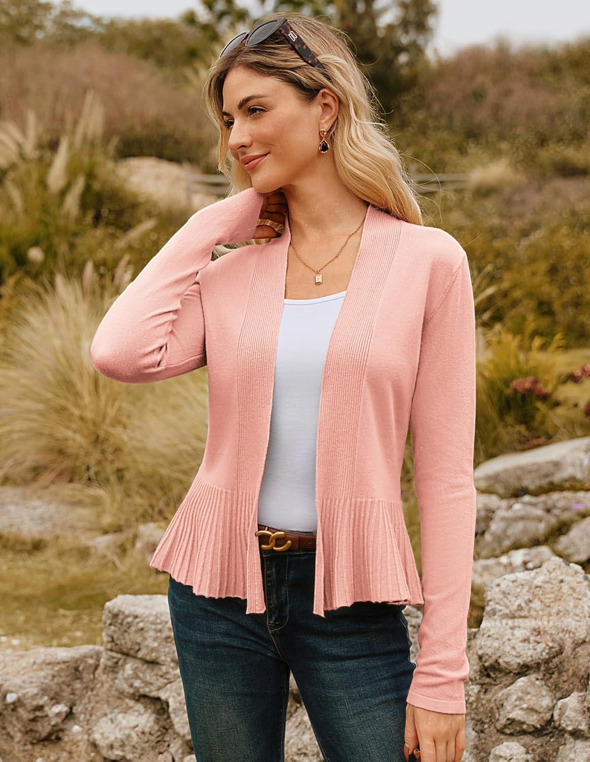 imageGRACE KARIN Womens Lightweight Draped Open Front Cropped Cardigan Long Sleeve Sweaters Peplum Knit TopsPink