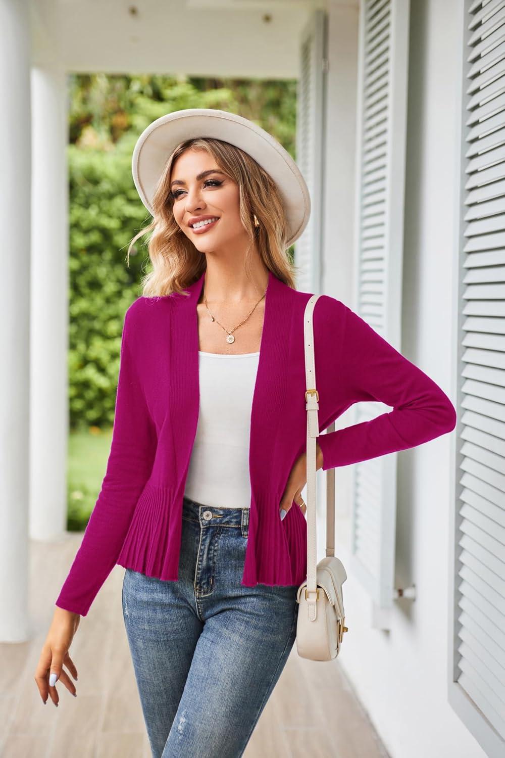 imageGRACE KARIN Womens Lightweight Draped Open Front Cropped Cardigan Long Sleeve Sweaters Peplum Knit TopsRose Red