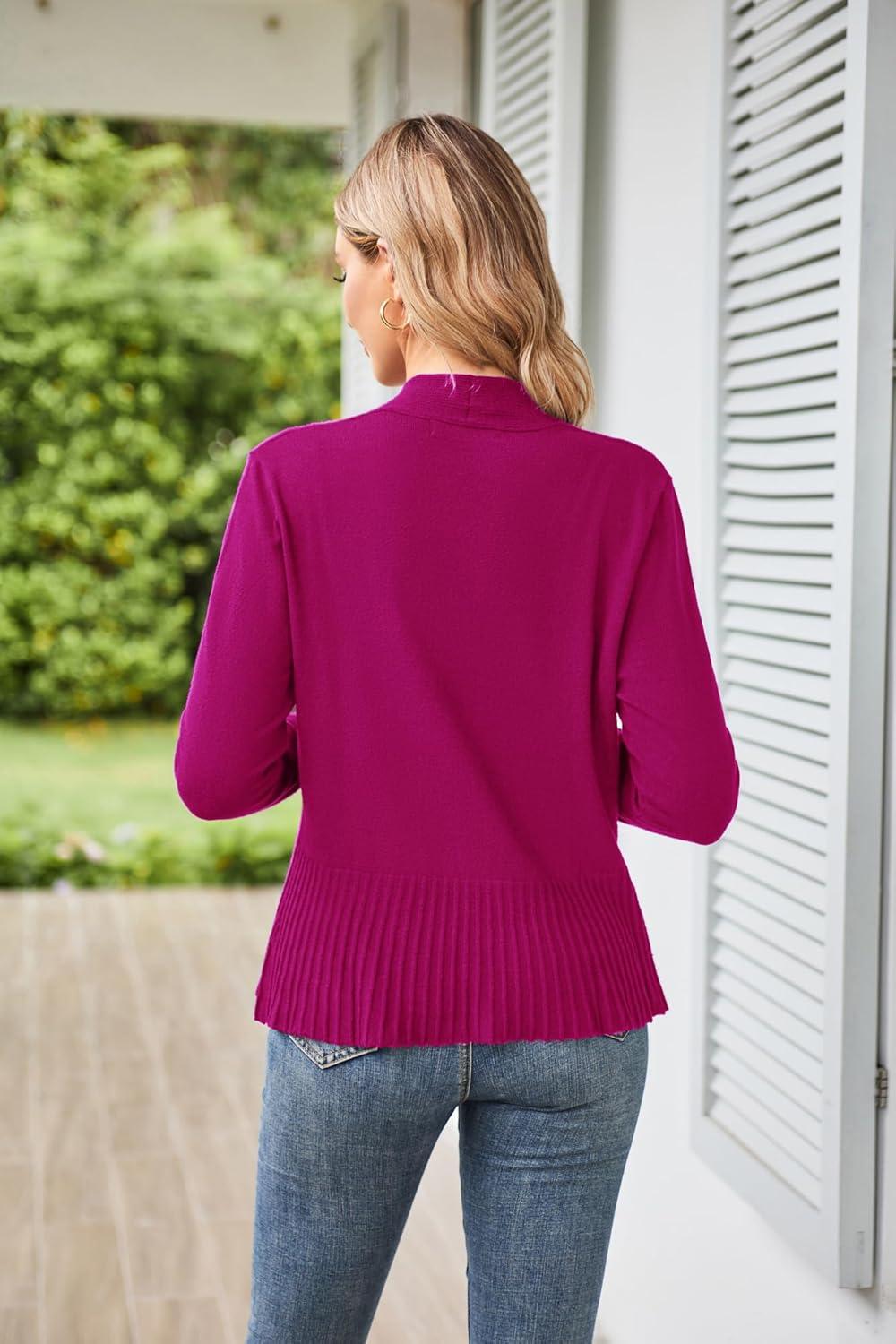 imageGRACE KARIN Womens Lightweight Draped Open Front Cropped Cardigan Long Sleeve Sweaters Peplum Knit TopsRose Red