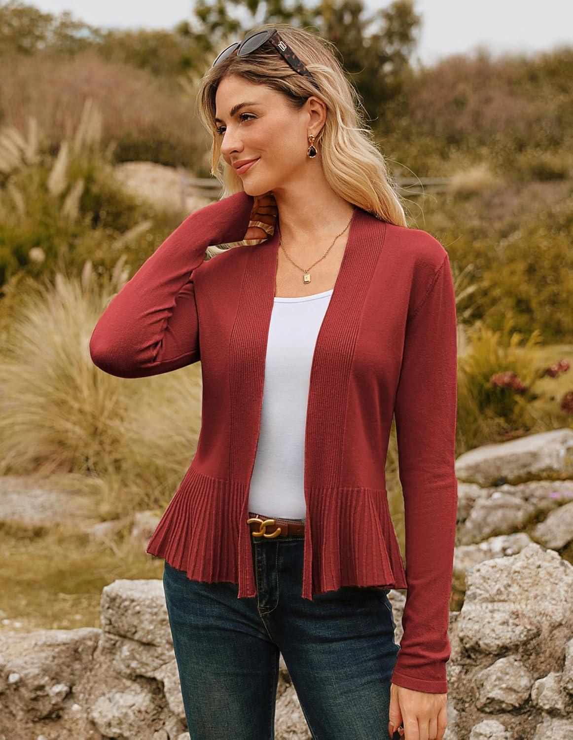 imageGRACE KARIN Womens Lightweight Draped Open Front Cropped Cardigan Long Sleeve Sweaters Peplum Knit TopsRosewood