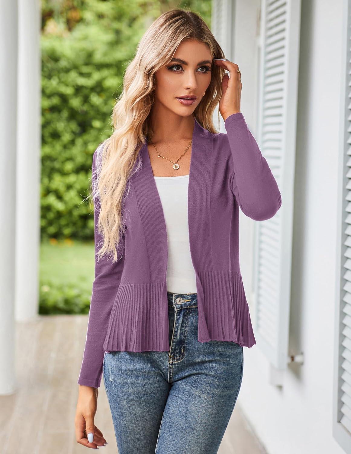 imageGRACE KARIN Womens Lightweight Draped Open Front Cropped Cardigan Long Sleeve Sweaters Peplum Knit TopsViolet