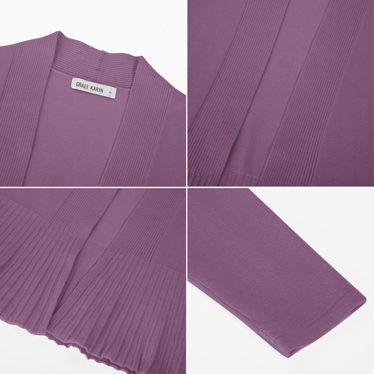 imageGRACE KARIN Womens Lightweight Draped Open Front Cropped Cardigan Long Sleeve Sweaters Peplum Knit TopsViolet