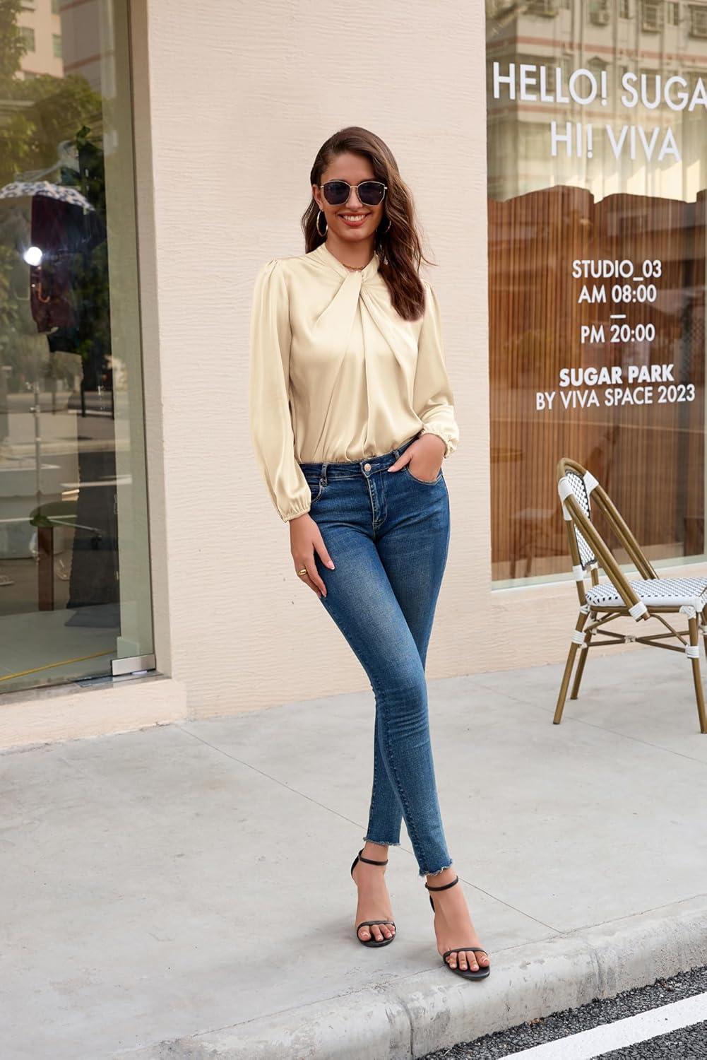 imageGRACE KARIN Womens Long Sleeve Satin BlouseMock Neck Work Silk ShirtsDressy Tops for Business Casual OfficeApricot