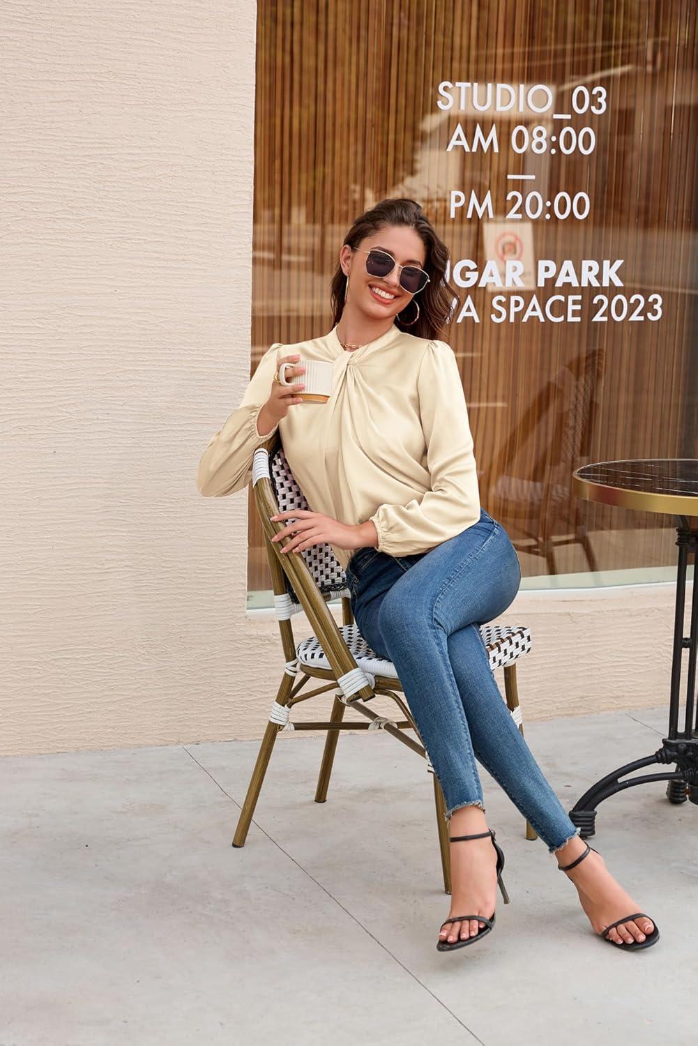 imageGRACE KARIN Womens Long Sleeve Satin BlouseMock Neck Work Silk ShirtsDressy Tops for Business Casual OfficeApricot