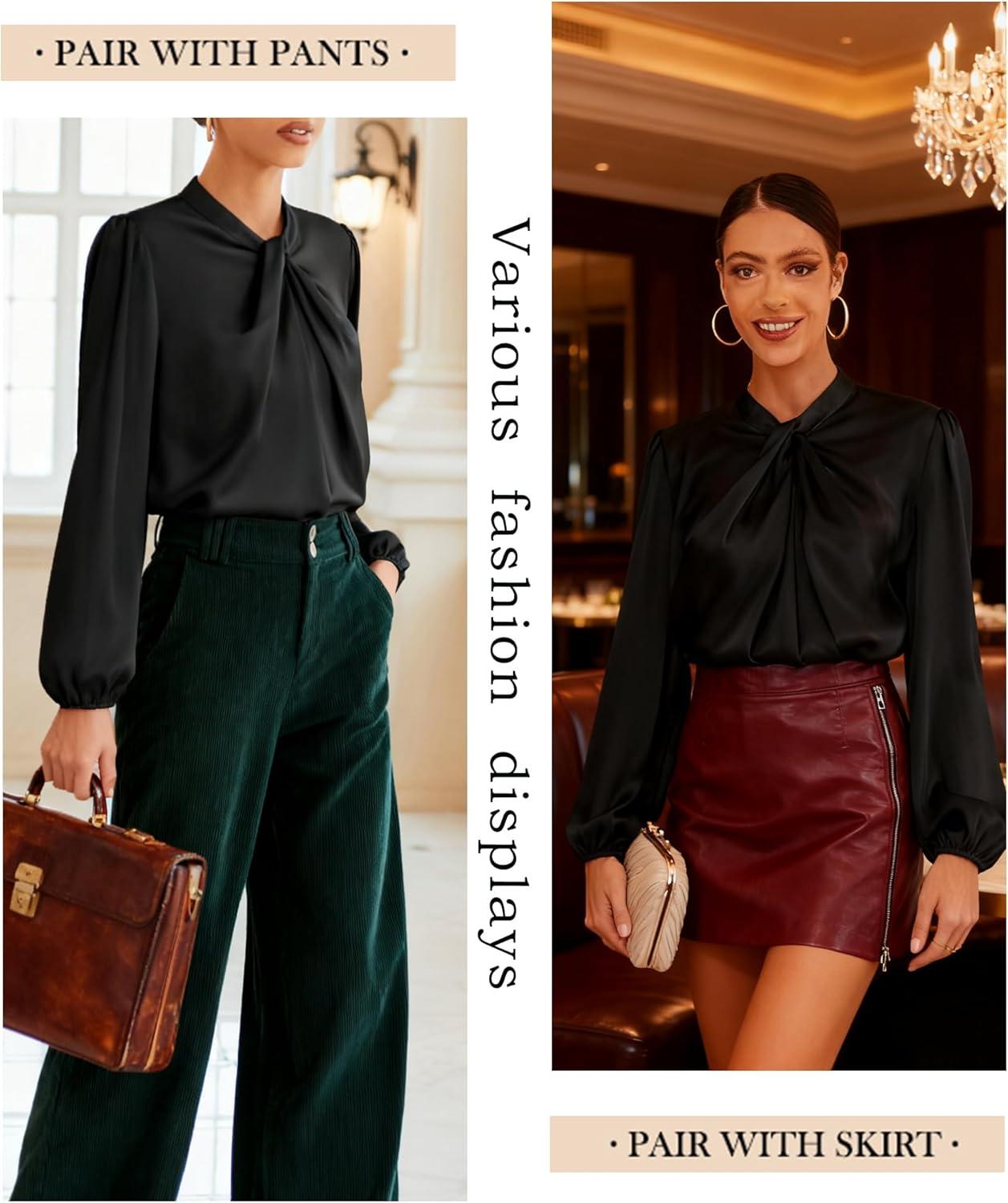 imageGRACE KARIN Womens Long Sleeve Satin BlouseMock Neck Work Silk ShirtsDressy Tops for Business Casual OfficeBlack