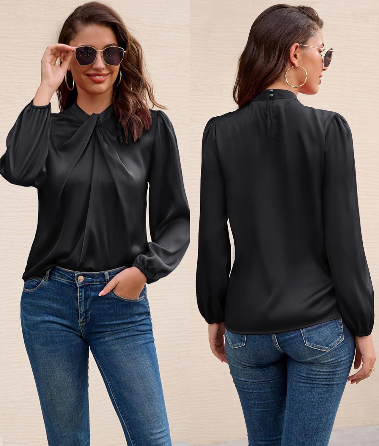 imageGRACE KARIN Womens Long Sleeve Satin BlouseMock Neck Work Silk ShirtsDressy Tops for Business Casual OfficeBlack