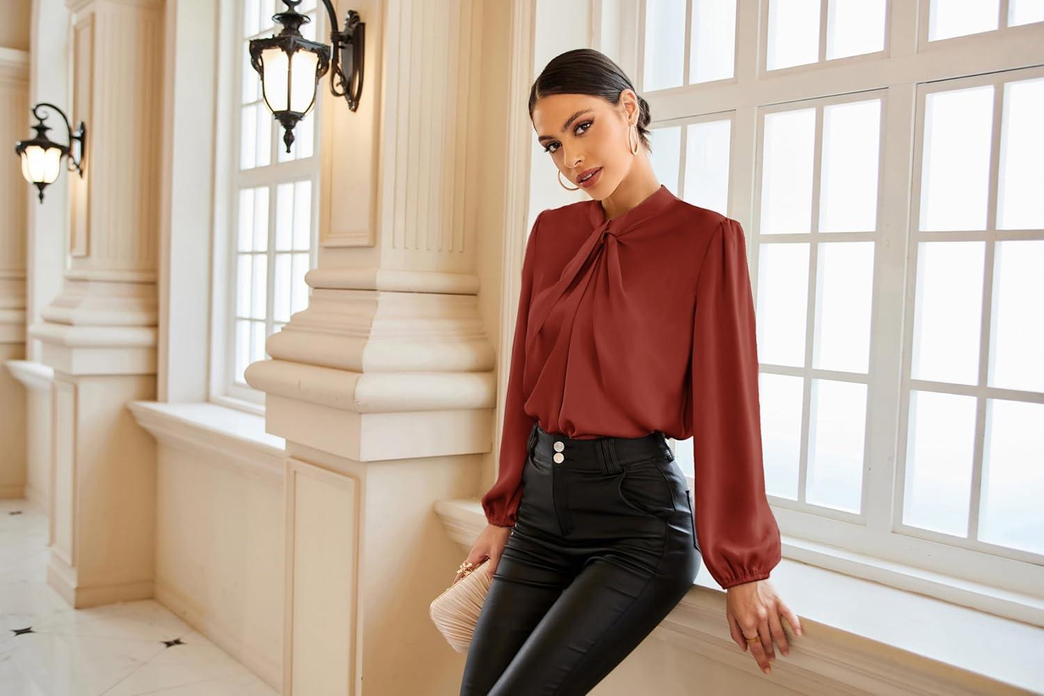 imageGRACE KARIN Womens Long Sleeve Satin BlouseMock Neck Work Silk ShirtsDressy Tops for Business Casual OfficeBrick Red