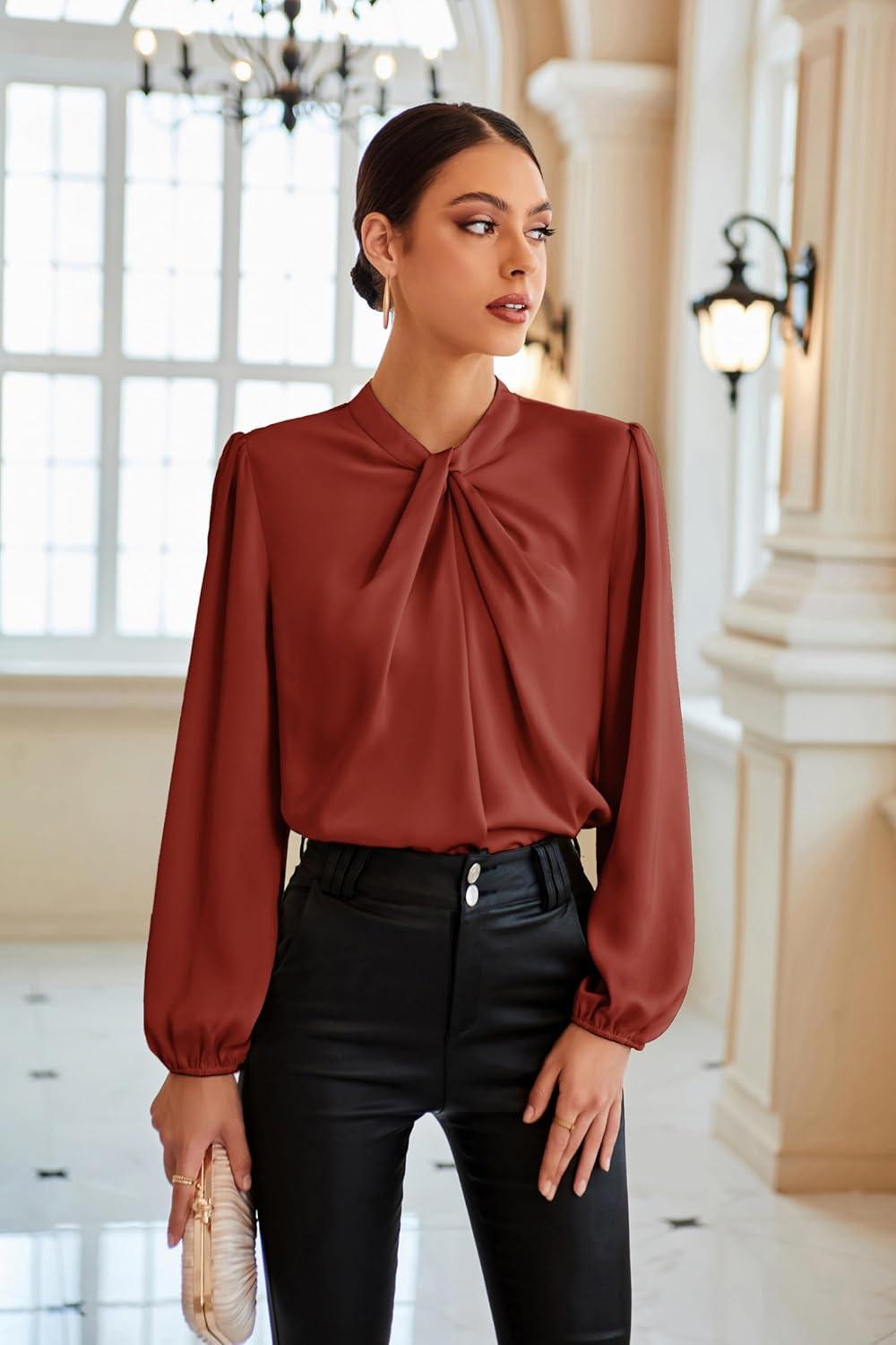 imageGRACE KARIN Womens Long Sleeve Satin BlouseMock Neck Work Silk ShirtsDressy Tops for Business Casual OfficeBrick Red