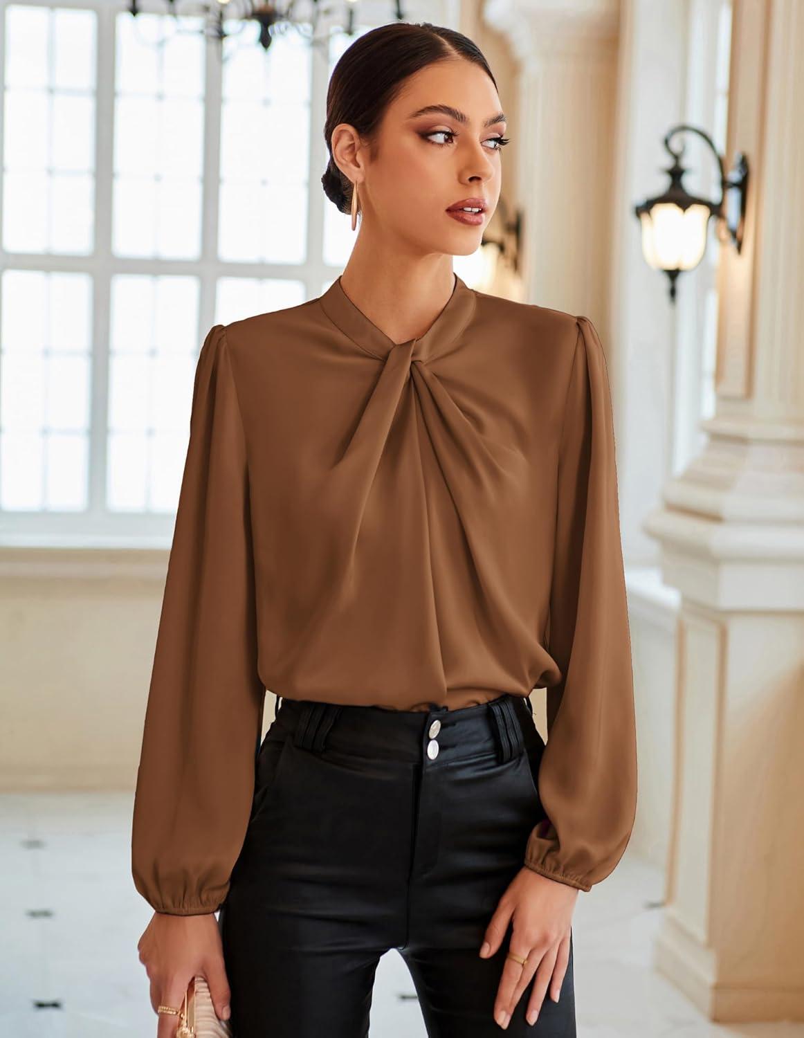 imageGRACE KARIN Womens Long Sleeve Satin BlouseMock Neck Work Silk ShirtsDressy Tops for Business Casual OfficeDark Brown