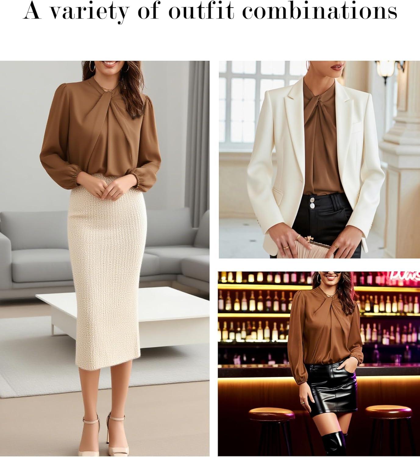 imageGRACE KARIN Womens Long Sleeve Satin BlouseMock Neck Work Silk ShirtsDressy Tops for Business Casual OfficeDark Brown