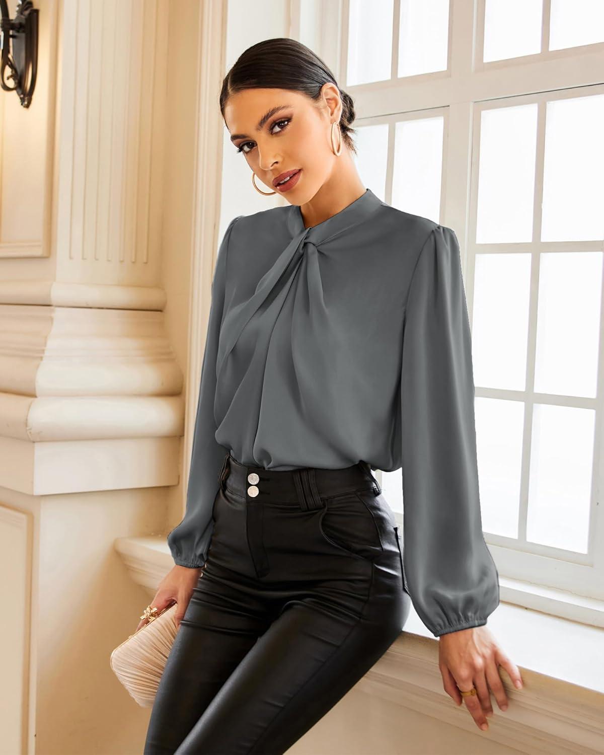 imageGRACE KARIN Womens Long Sleeve Satin BlouseMock Neck Work Silk ShirtsDressy Tops for Business Casual OfficeDark Gray