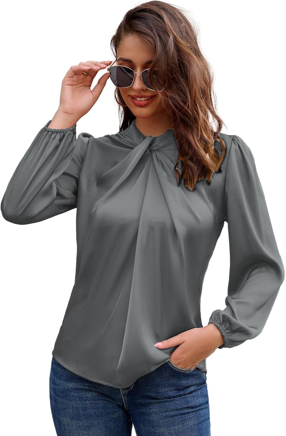 imageGRACE KARIN Womens Long Sleeve Satin BlouseMock Neck Work Silk ShirtsDressy Tops for Business Casual OfficeDark Gray