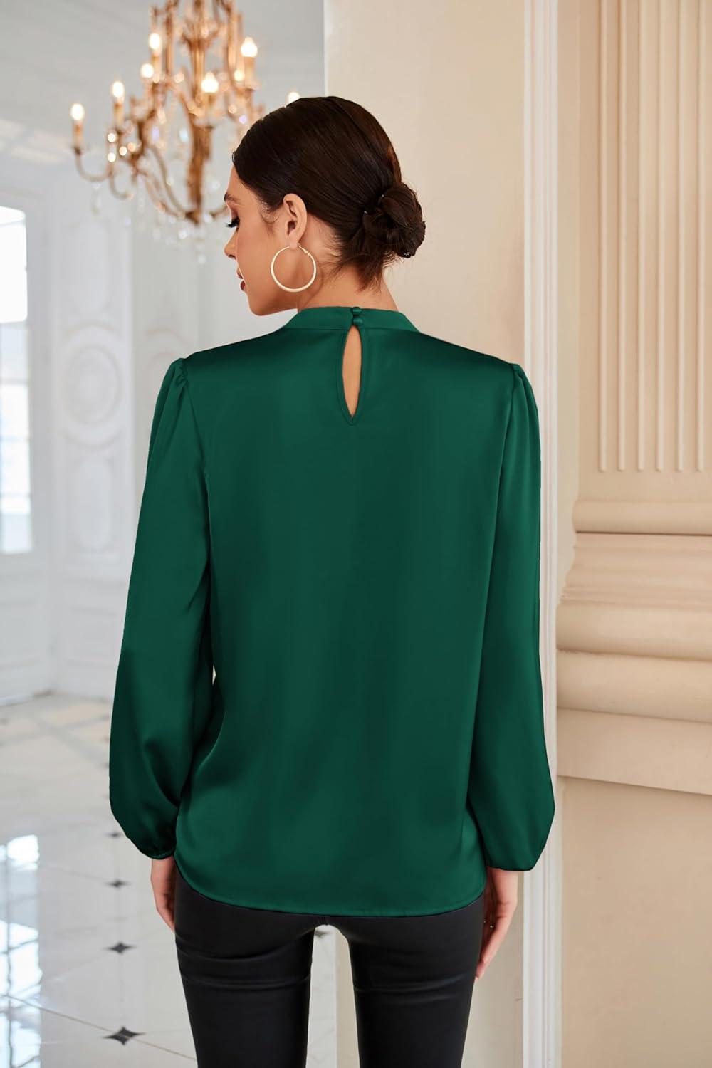 imageGRACE KARIN Womens Long Sleeve Satin BlouseMock Neck Work Silk ShirtsDressy Tops for Business Casual OfficeDark Green