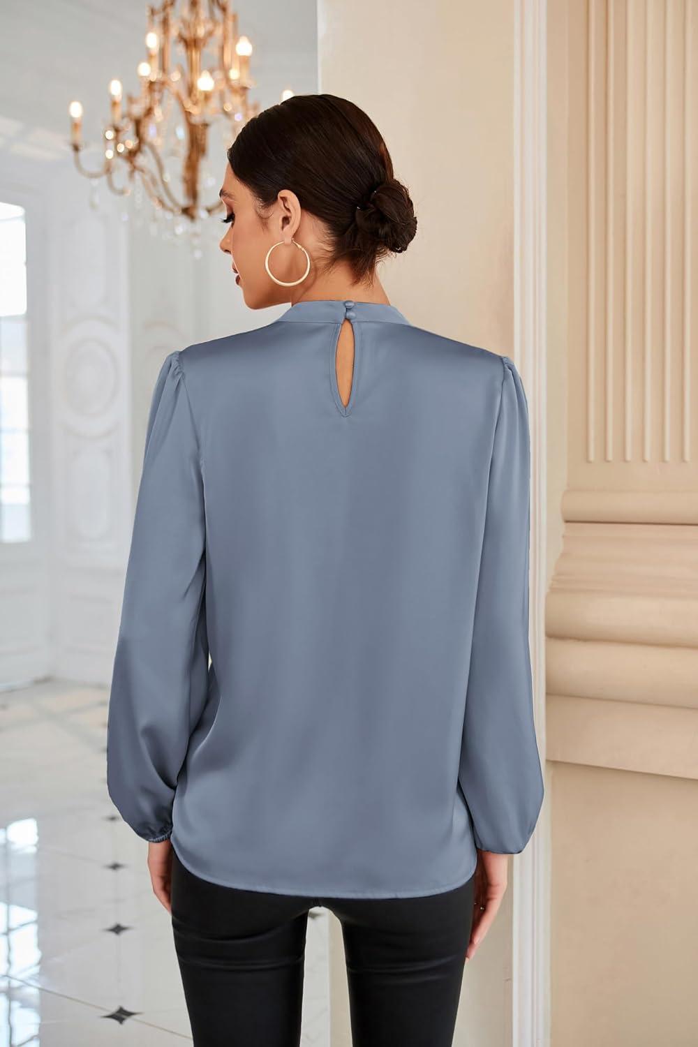 imageGRACE KARIN Womens Long Sleeve Satin BlouseMock Neck Work Silk ShirtsDressy Tops for Business Casual OfficeGray