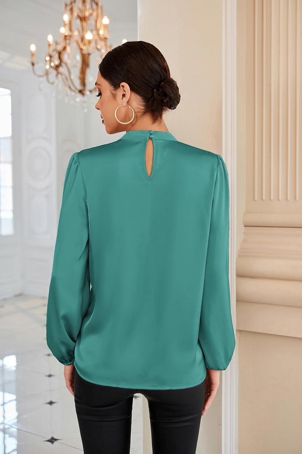 imageGRACE KARIN Womens Long Sleeve Satin BlouseMock Neck Work Silk ShirtsDressy Tops for Business Casual OfficeGray Green
