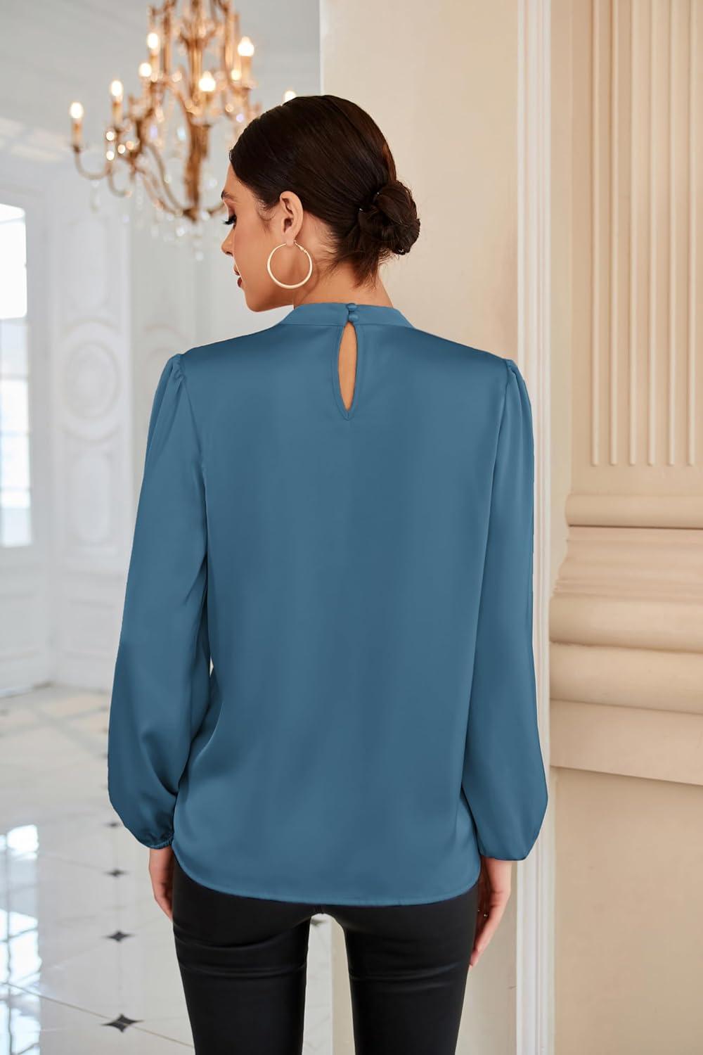 imageGRACE KARIN Womens Long Sleeve Satin BlouseMock Neck Work Silk ShirtsDressy Tops for Business Casual OfficeGrey Blue