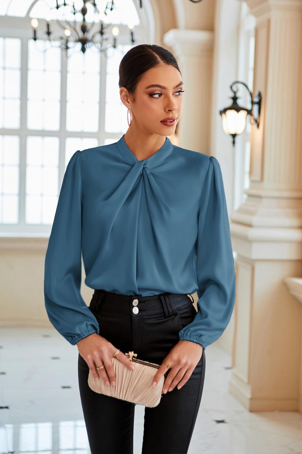 imageGRACE KARIN Womens Long Sleeve Satin BlouseMock Neck Work Silk ShirtsDressy Tops for Business Casual OfficeGrey Blue
