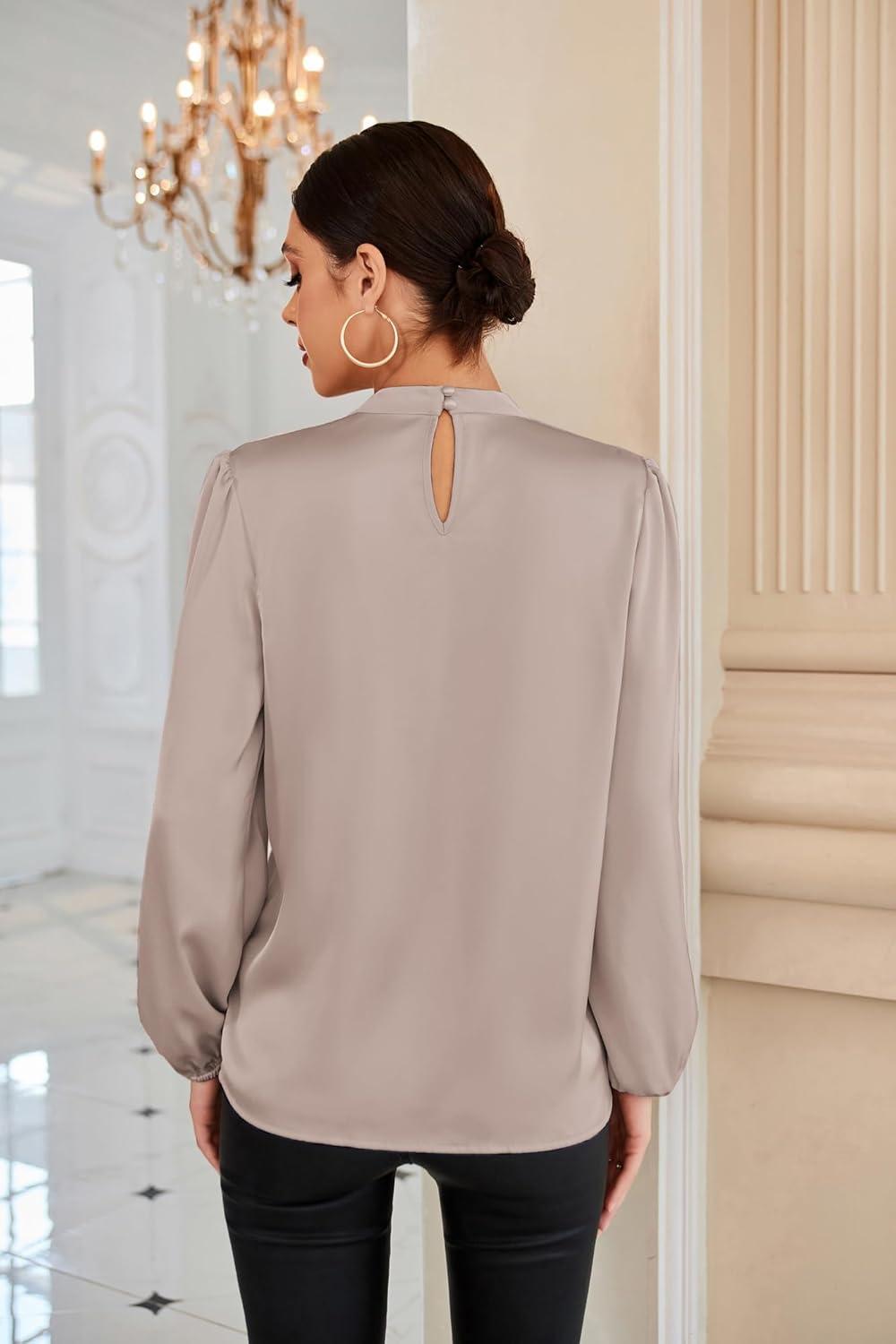 imageGRACE KARIN Womens Long Sleeve Satin BlouseMock Neck Work Silk ShirtsDressy Tops for Business Casual OfficeKhaki