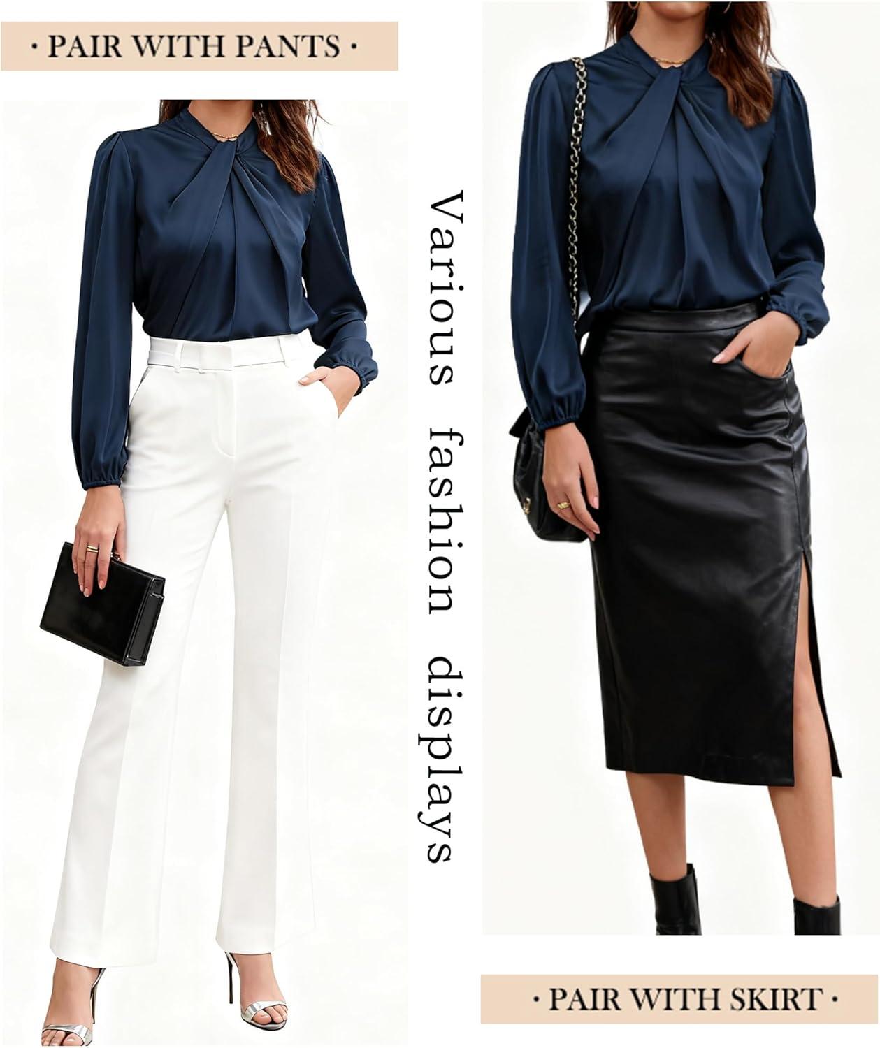 imageGRACE KARIN Womens Long Sleeve Satin BlouseMock Neck Work Silk ShirtsDressy Tops for Business Casual OfficeNavy Blue
