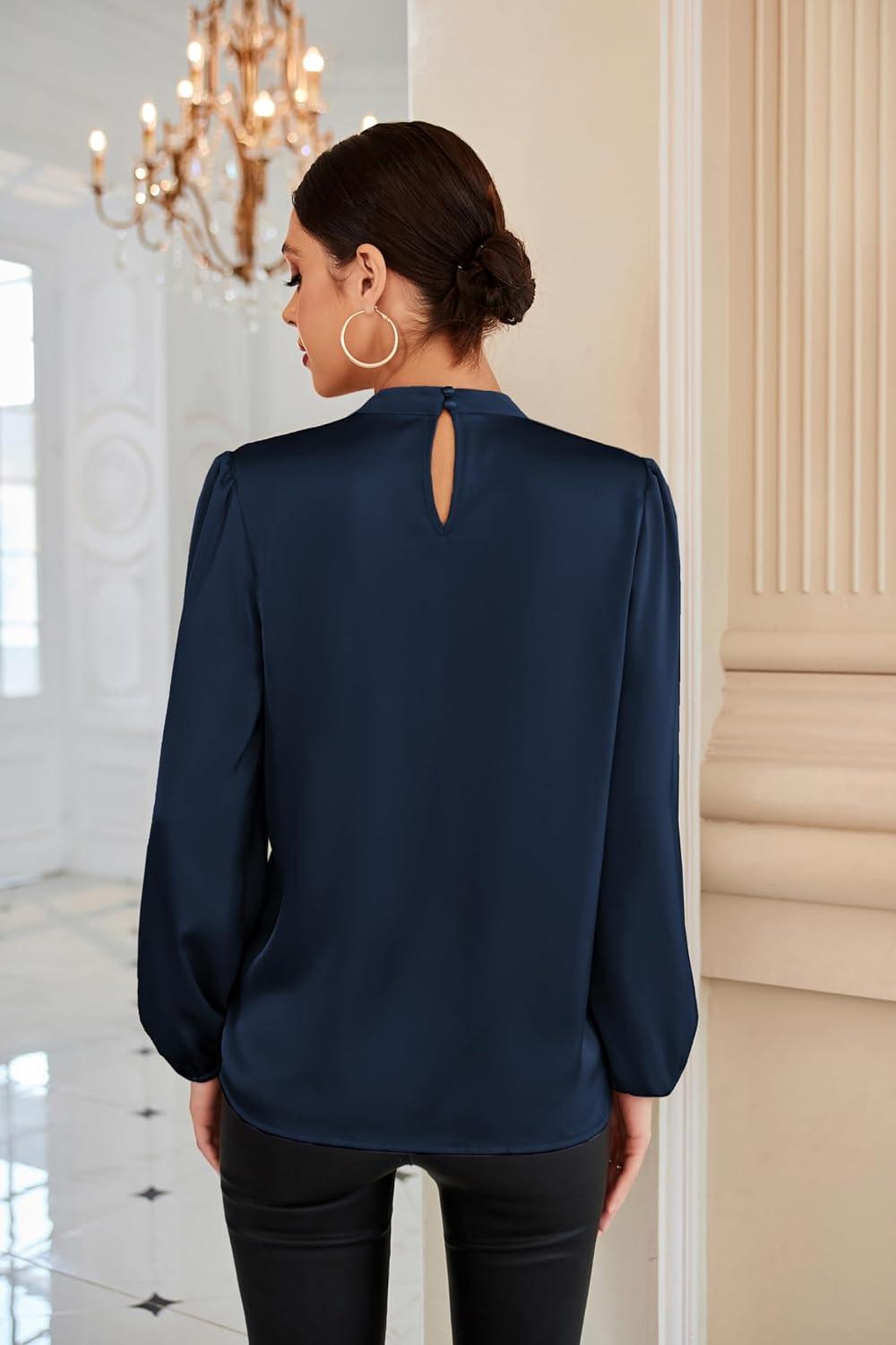 imageGRACE KARIN Womens Long Sleeve Satin BlouseMock Neck Work Silk ShirtsDressy Tops for Business Casual OfficeNavy Blue