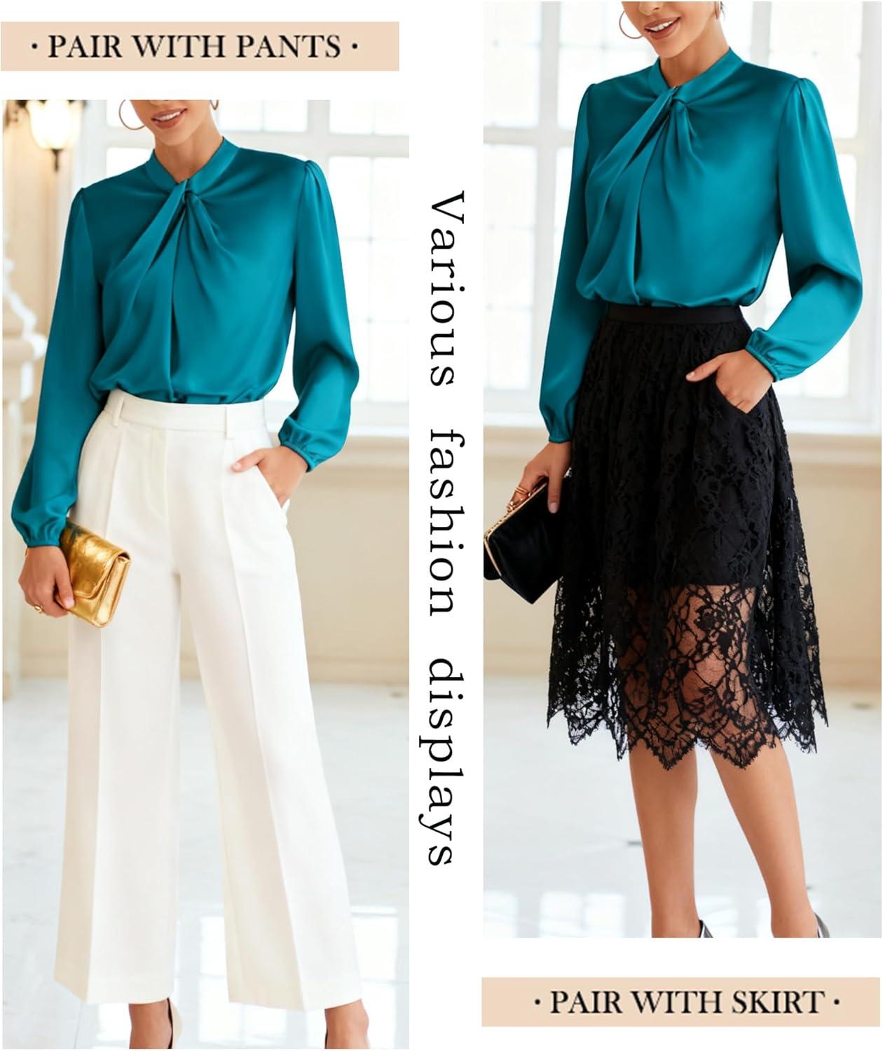 imageGRACE KARIN Womens Long Sleeve Satin BlouseMock Neck Work Silk ShirtsDressy Tops for Business Casual OfficePeacock Blue