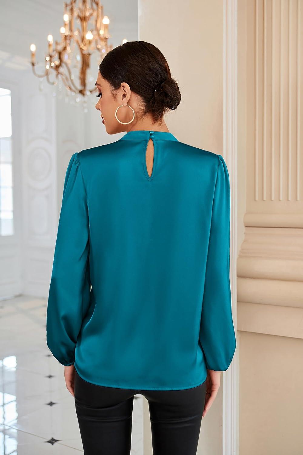 imageGRACE KARIN Womens Long Sleeve Satin BlouseMock Neck Work Silk ShirtsDressy Tops for Business Casual OfficePeacock Blue