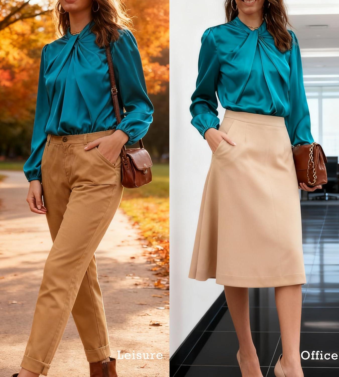 imageGRACE KARIN Womens Long Sleeve Satin BlouseMock Neck Work Silk ShirtsDressy Tops for Business Casual OfficePeacock Blue