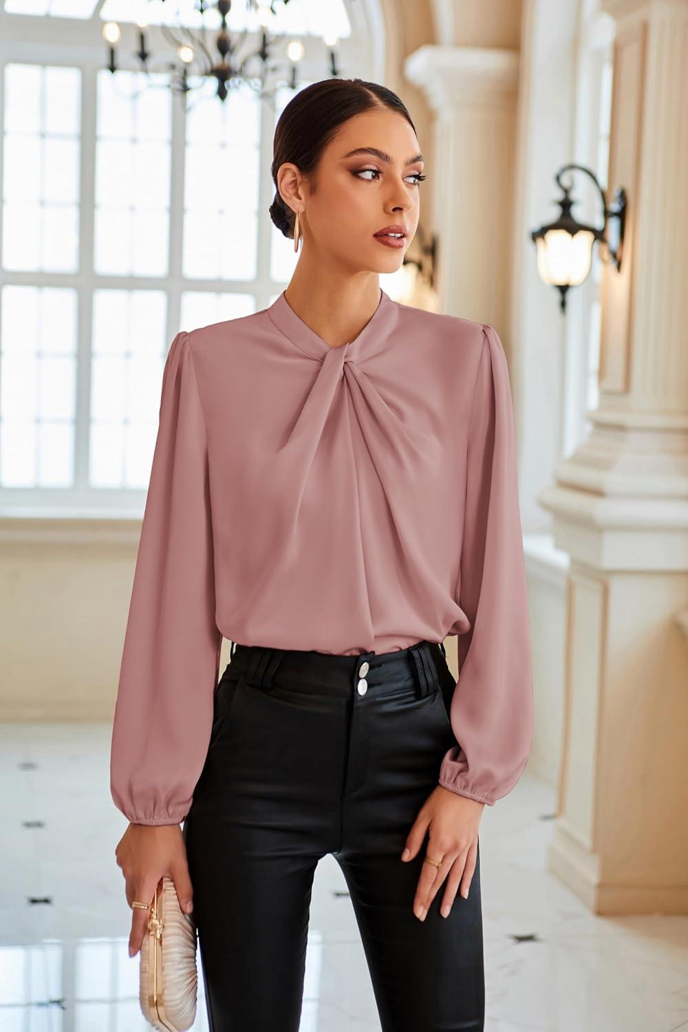 imageGRACE KARIN Womens Long Sleeve Satin BlouseMock Neck Work Silk ShirtsDressy Tops for Business Casual OfficePink