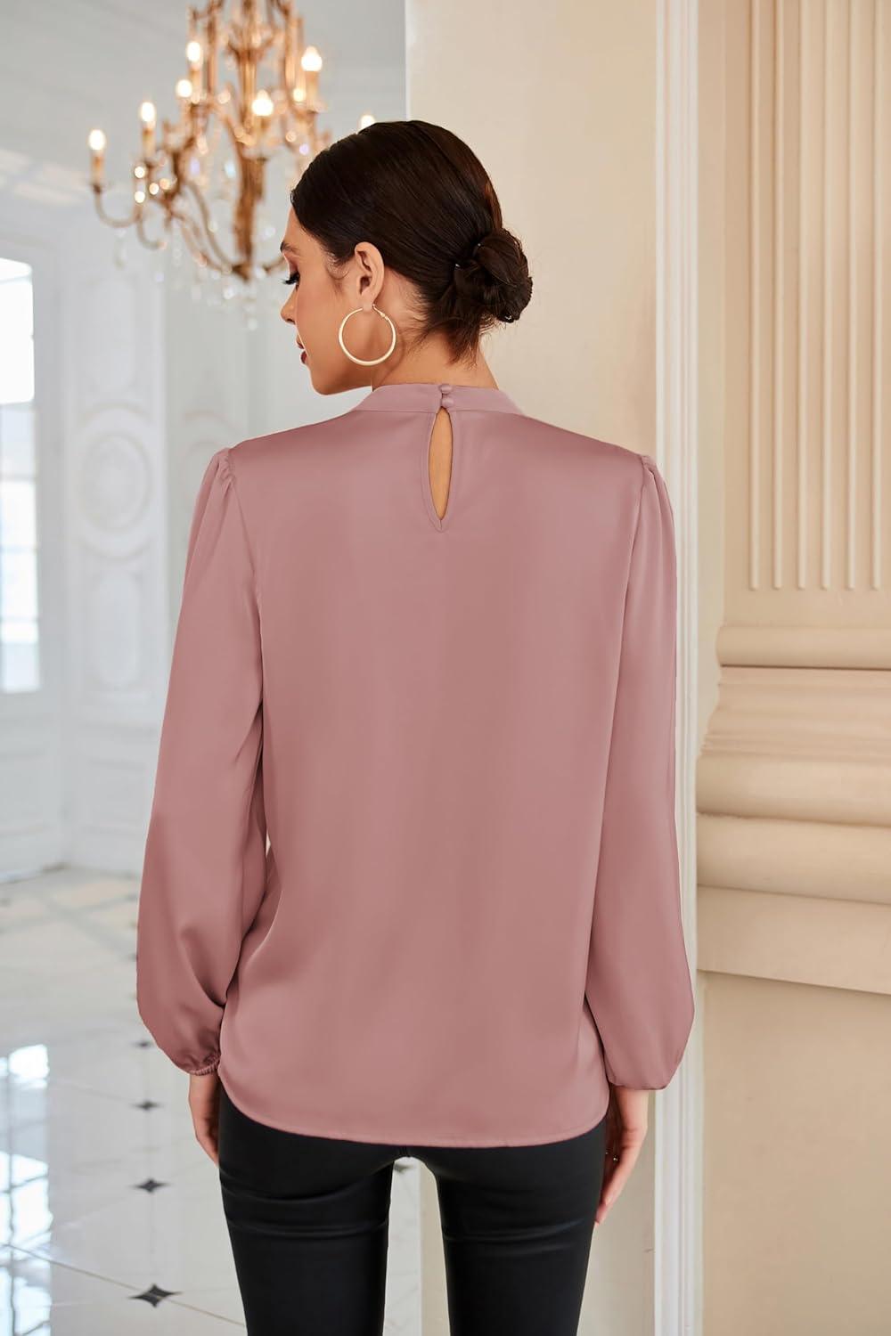 imageGRACE KARIN Womens Long Sleeve Satin BlouseMock Neck Work Silk ShirtsDressy Tops for Business Casual OfficePink