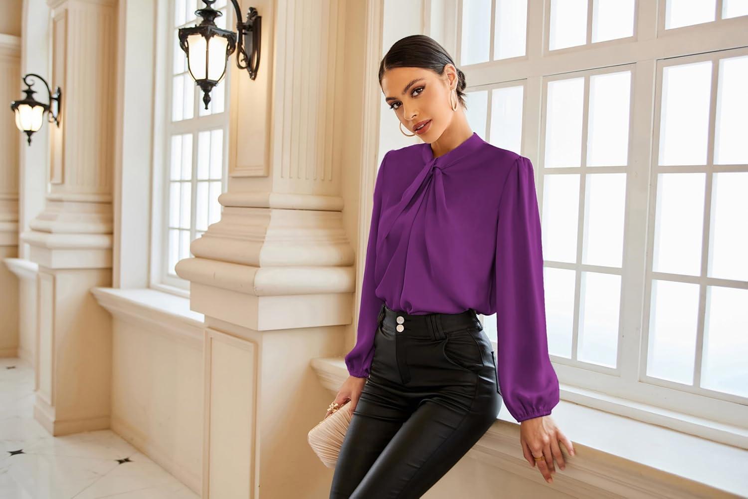 imageGRACE KARIN Womens Long Sleeve Satin BlouseMock Neck Work Silk ShirtsDressy Tops for Business Casual OfficePurple