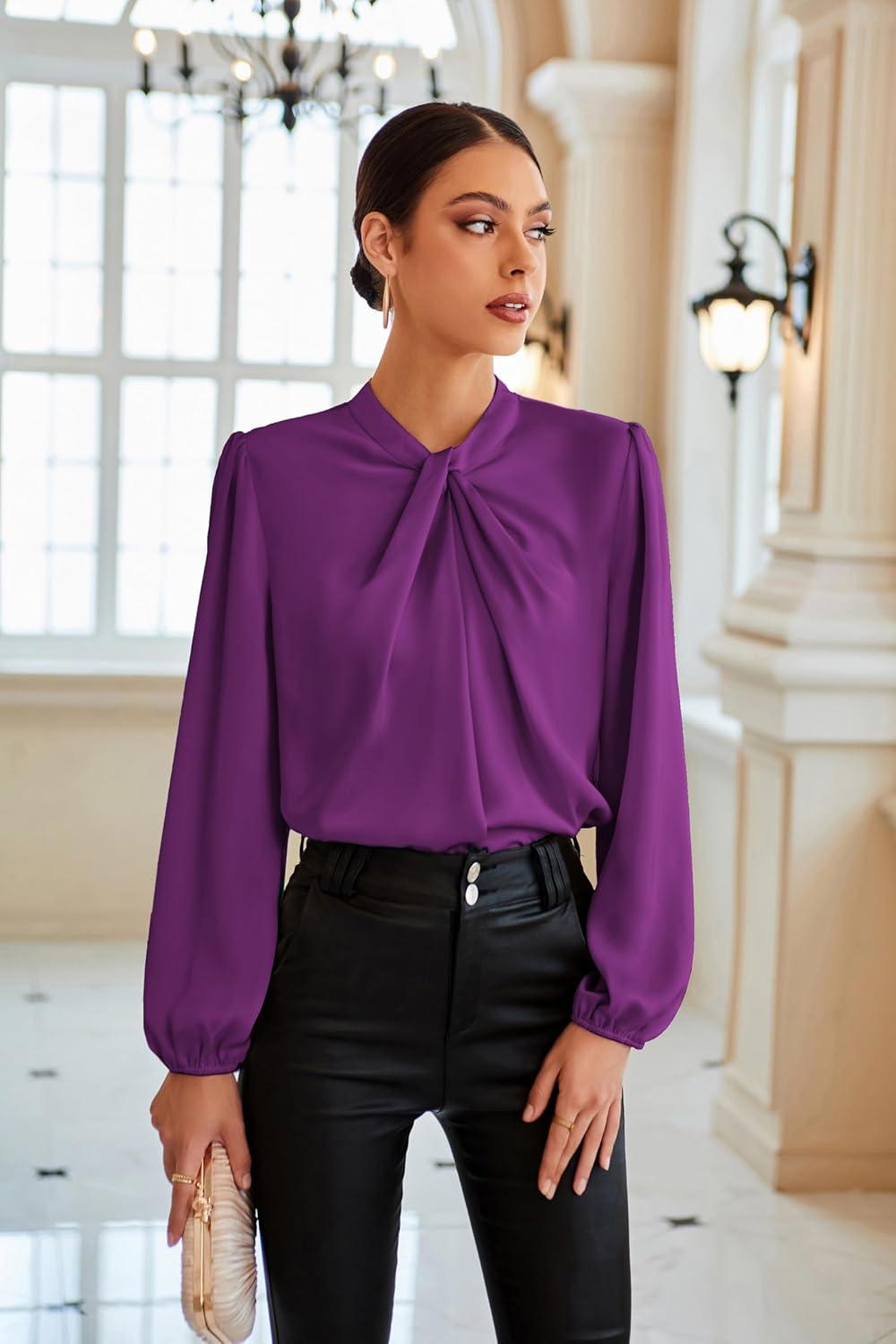 imageGRACE KARIN Womens Long Sleeve Satin BlouseMock Neck Work Silk ShirtsDressy Tops for Business Casual OfficePurple