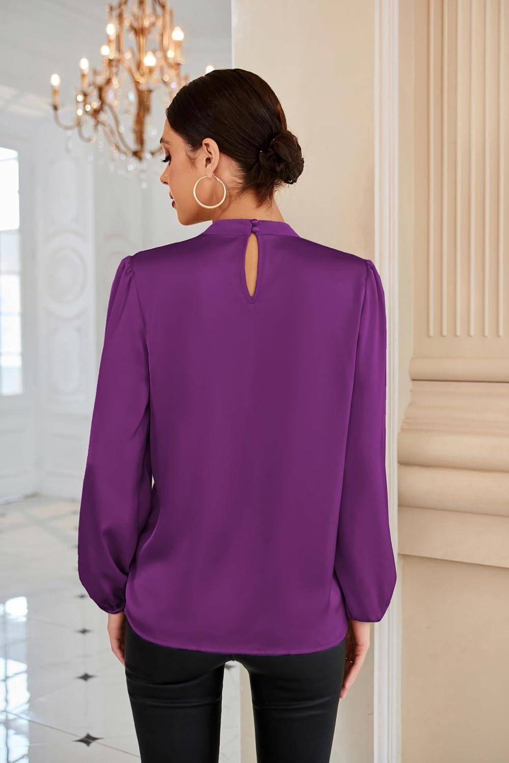imageGRACE KARIN Womens Long Sleeve Satin BlouseMock Neck Work Silk ShirtsDressy Tops for Business Casual OfficePurple
