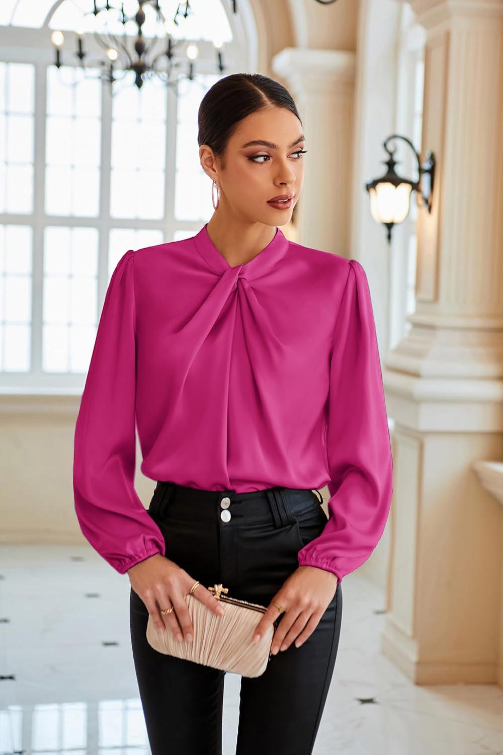 imageGRACE KARIN Womens Long Sleeve Satin BlouseMock Neck Work Silk ShirtsDressy Tops for Business Casual OfficeRose Red