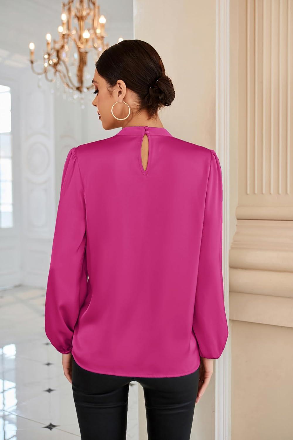 imageGRACE KARIN Womens Long Sleeve Satin BlouseMock Neck Work Silk ShirtsDressy Tops for Business Casual OfficeRose Red