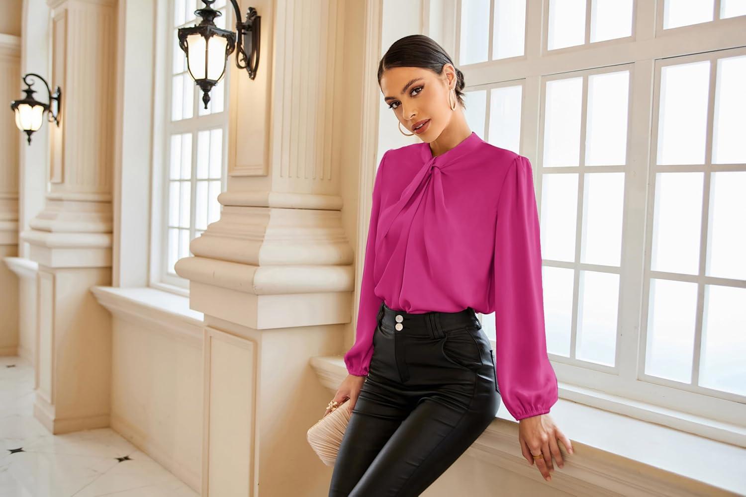imageGRACE KARIN Womens Long Sleeve Satin BlouseMock Neck Work Silk ShirtsDressy Tops for Business Casual OfficeRose Red