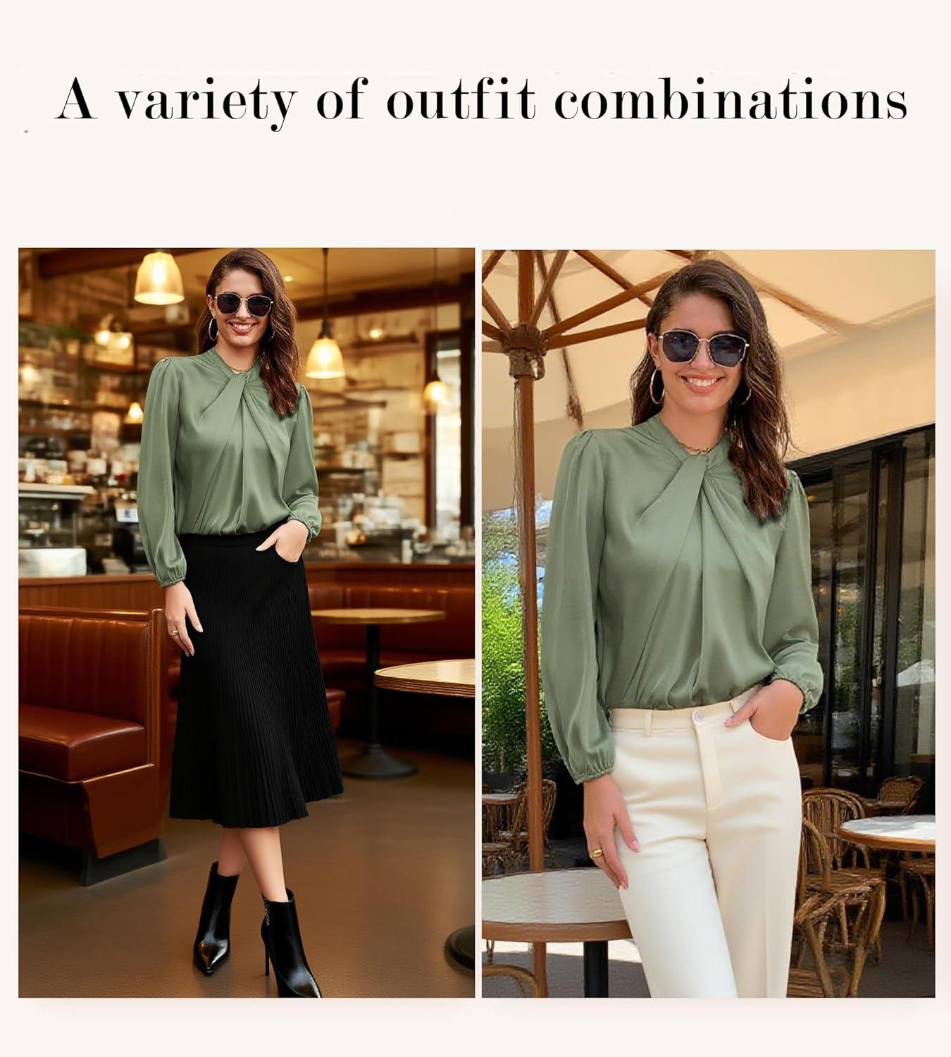 imageGRACE KARIN Womens Long Sleeve Satin BlouseMock Neck Work Silk ShirtsDressy Tops for Business Casual OfficeYellow Green