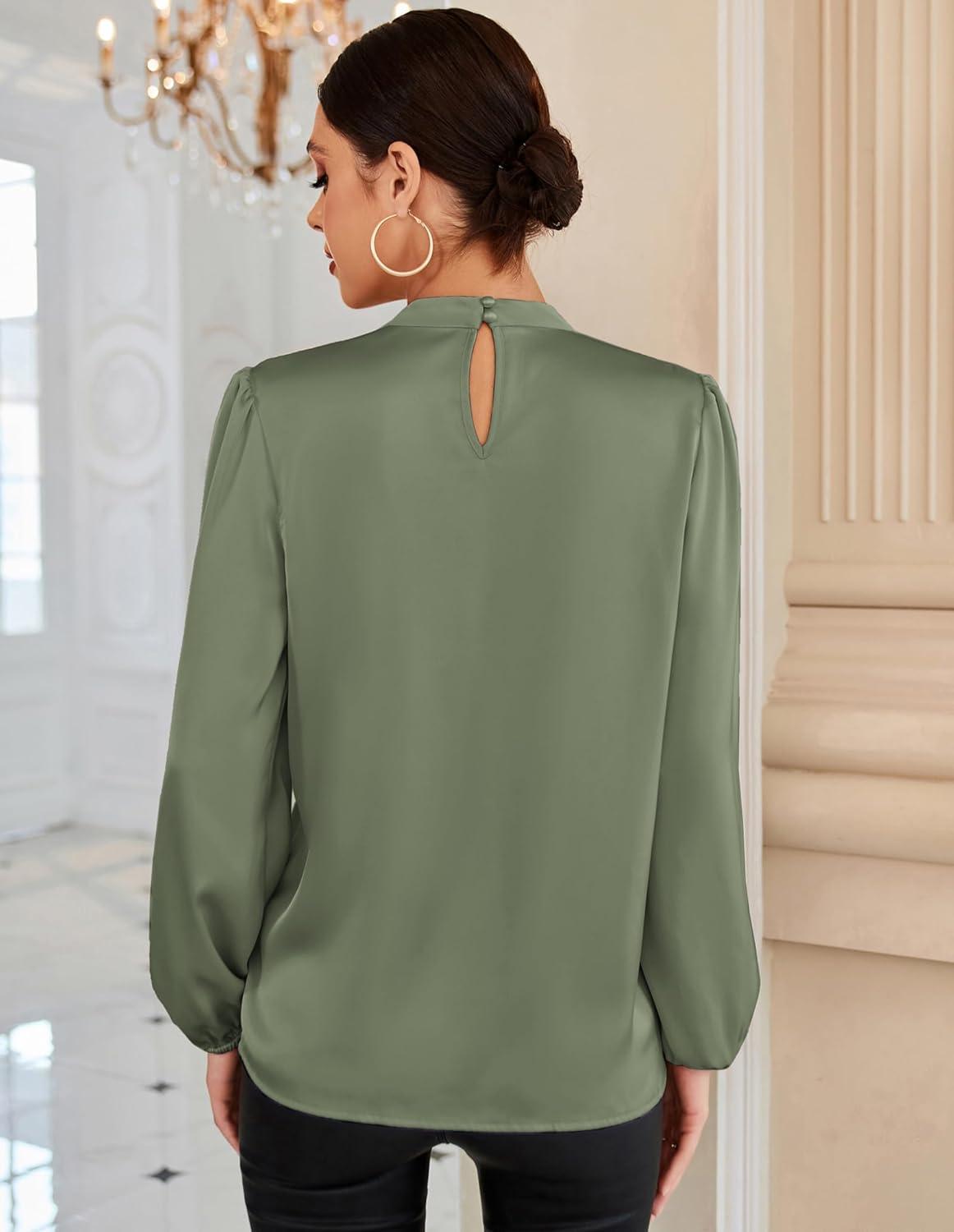imageGRACE KARIN Womens Long Sleeve Satin BlouseMock Neck Work Silk ShirtsDressy Tops for Business Casual OfficeYellow Green