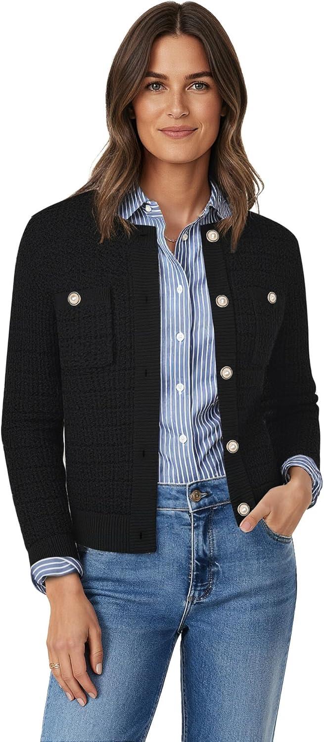 imageGRACE KARIN Womens Open Front Button Down Long Sleeve Texture Knit Cardigan Sweaters with PocketsBlack