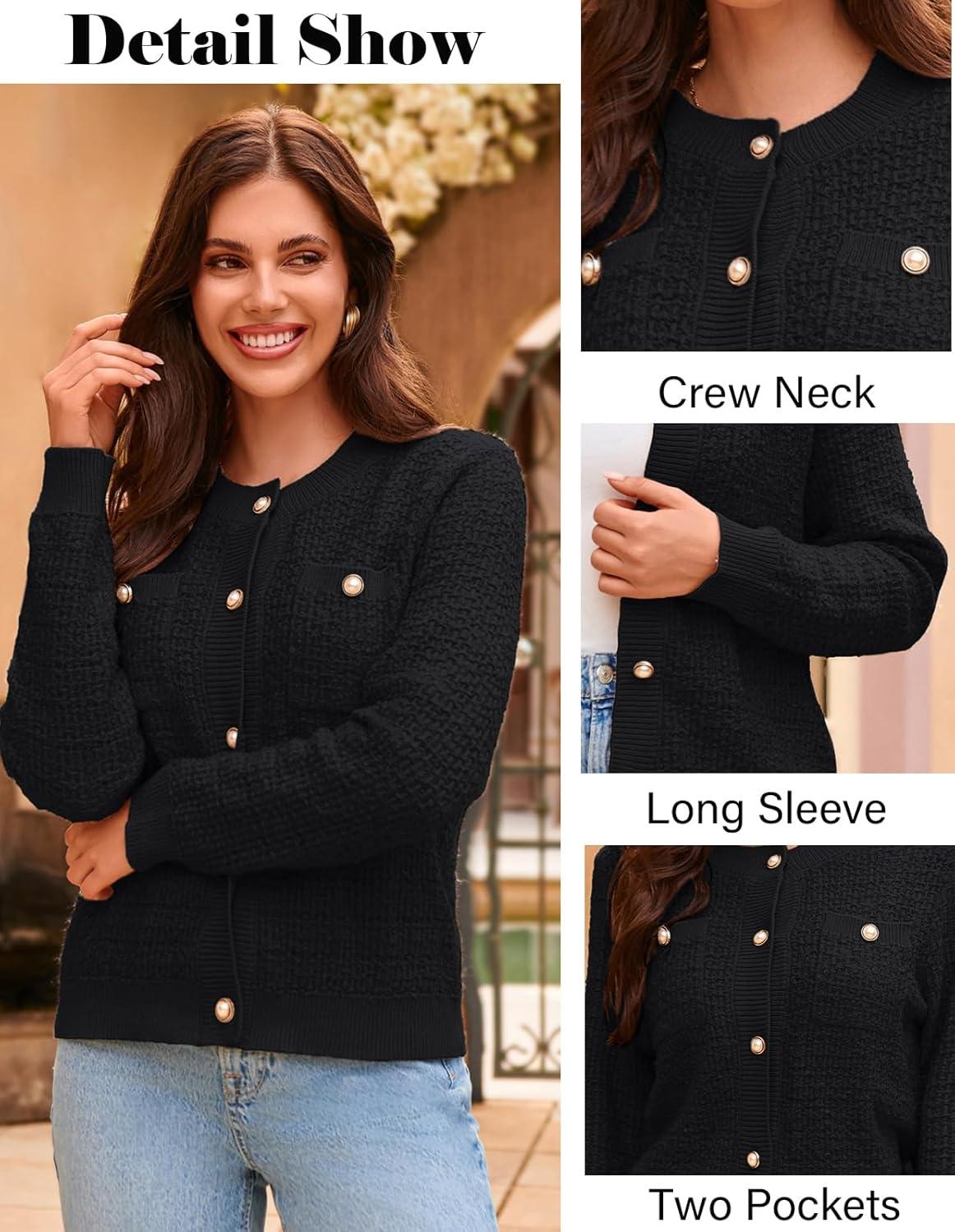 imageGRACE KARIN Womens Open Front Button Down Long Sleeve Texture Knit Cardigan Sweaters with PocketsBlack