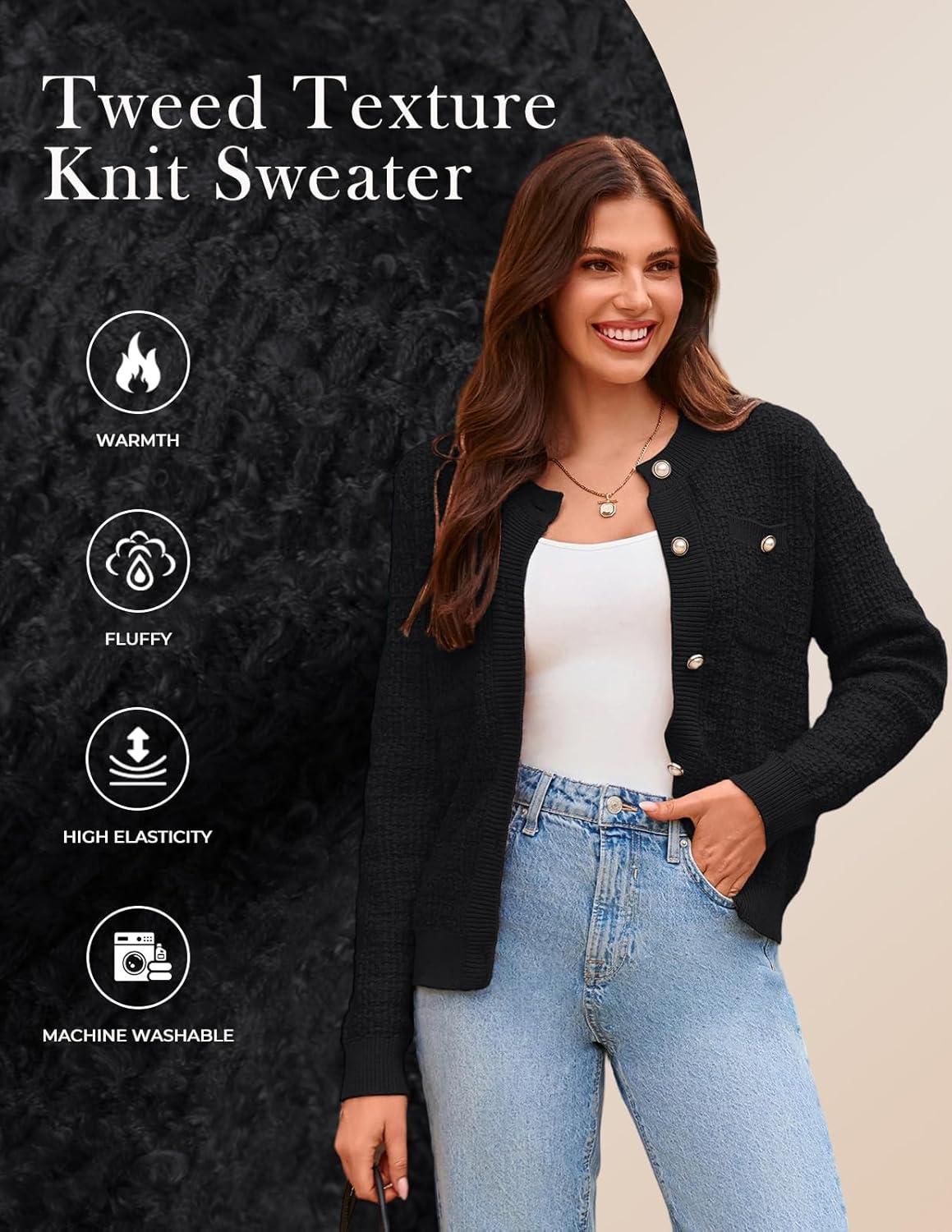 imageGRACE KARIN Womens Open Front Button Down Long Sleeve Texture Knit Cardigan Sweaters with PocketsBlack
