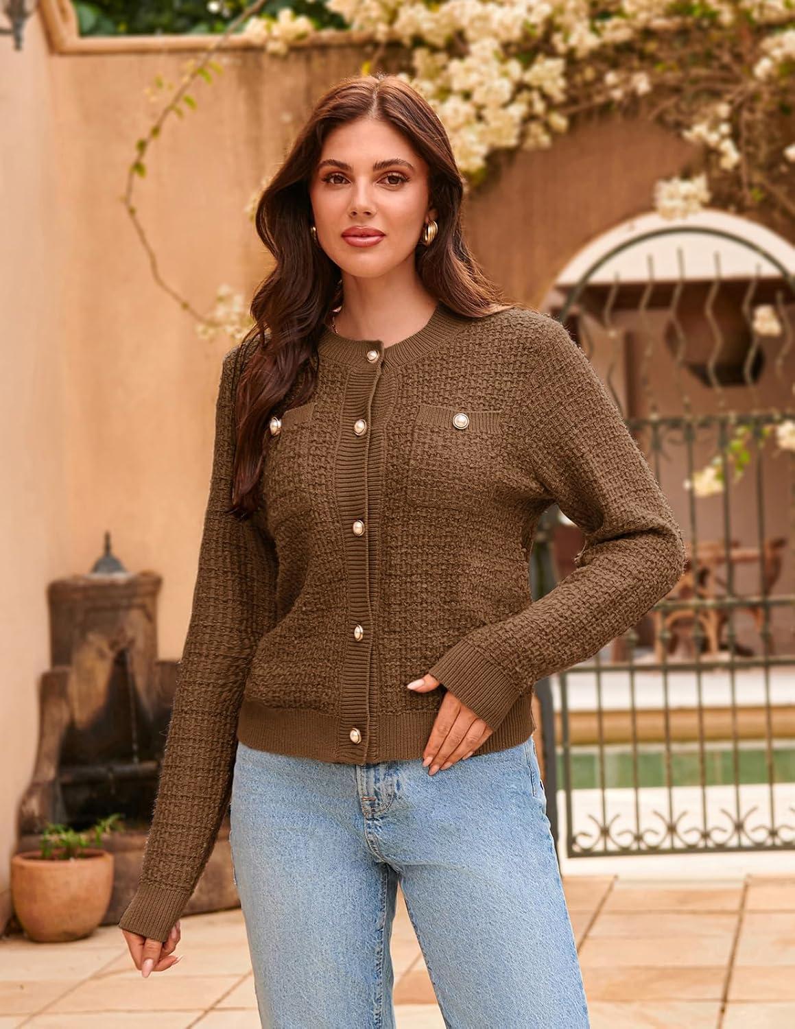 imageGRACE KARIN Womens Open Front Button Down Long Sleeve Texture Knit Cardigan Sweaters with PocketsBrown