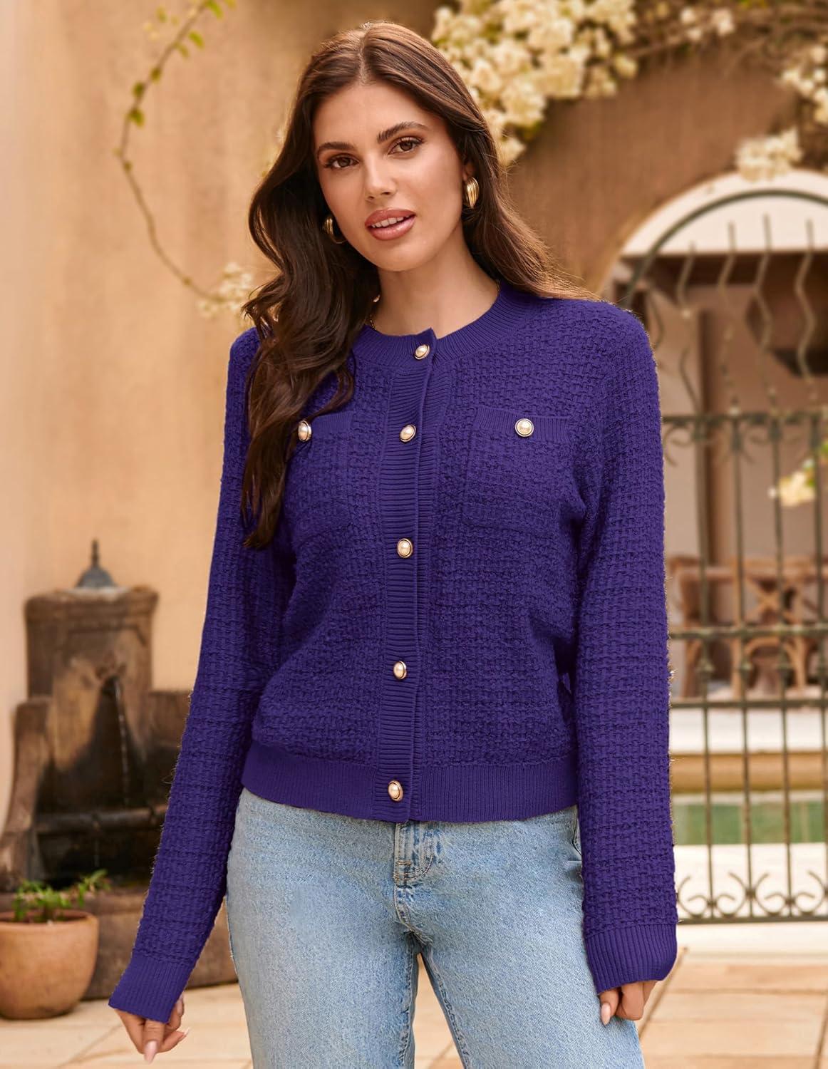imageGRACE KARIN Womens Open Front Button Down Long Sleeve Texture Knit Cardigan Sweaters with PocketsDark Purple