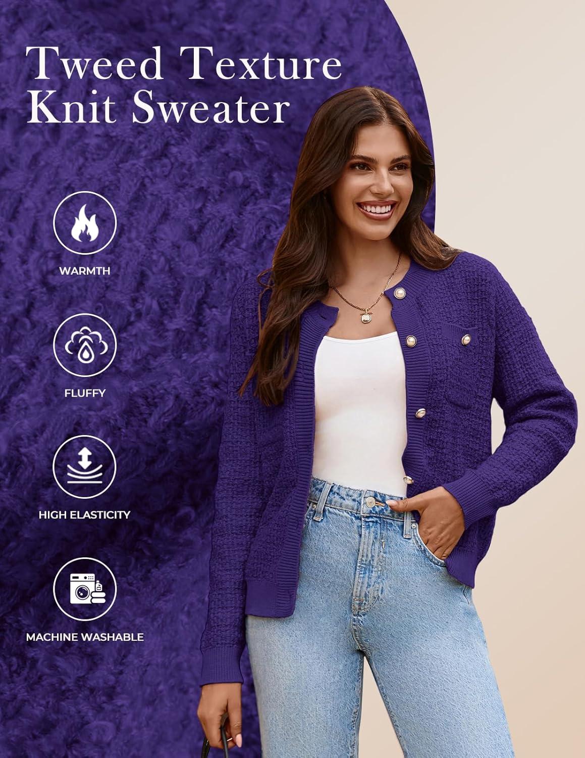 imageGRACE KARIN Womens Open Front Button Down Long Sleeve Texture Knit Cardigan Sweaters with PocketsDark Purple
