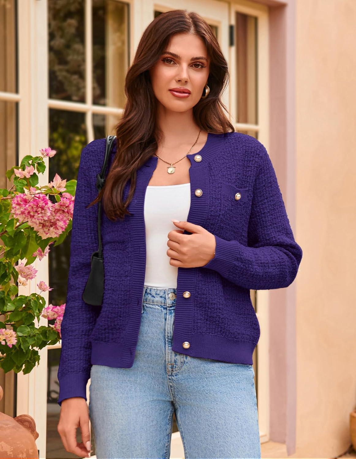 imageGRACE KARIN Womens Open Front Button Down Long Sleeve Texture Knit Cardigan Sweaters with PocketsDark Purple