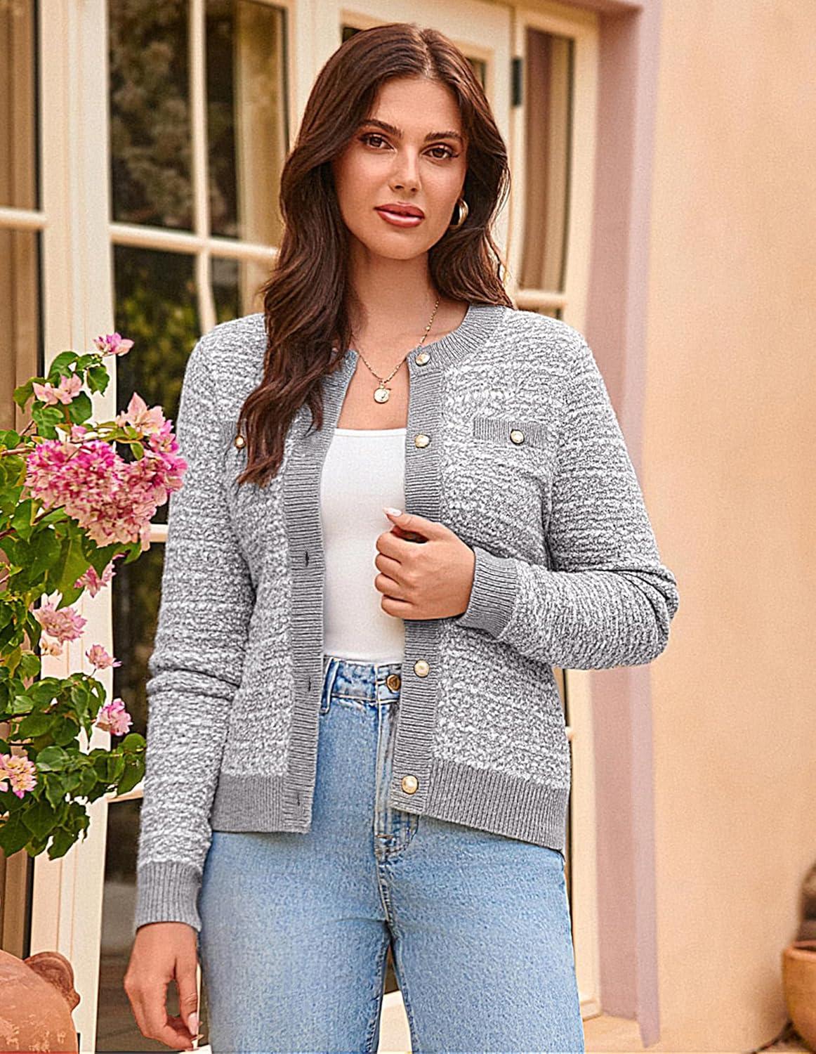 imageGRACE KARIN Womens Open Front Button Down Long Sleeve Texture Knit Cardigan Sweaters with PocketsGray