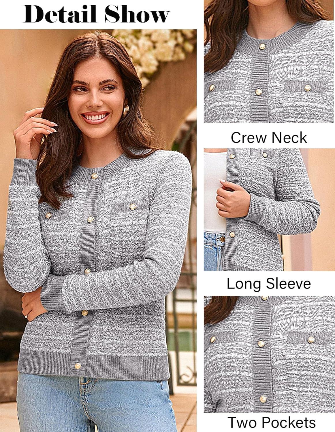 imageGRACE KARIN Womens Open Front Button Down Long Sleeve Texture Knit Cardigan Sweaters with PocketsGray