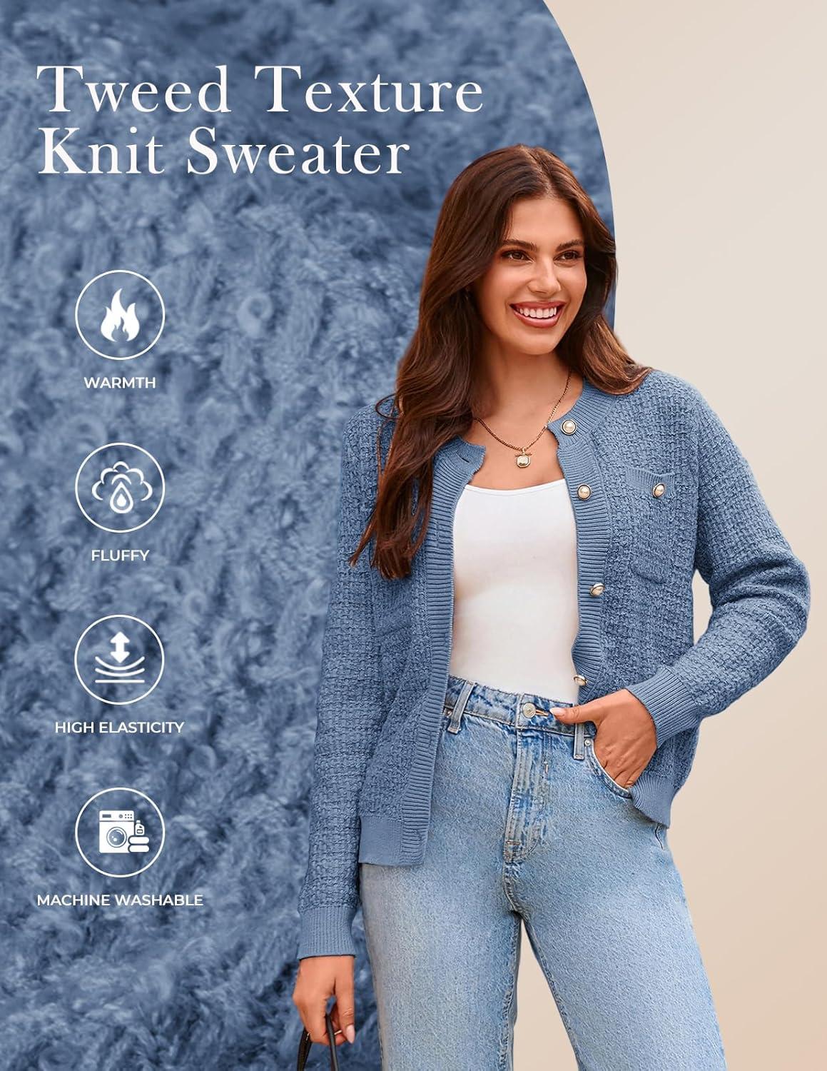 imageGRACE KARIN Womens Open Front Button Down Long Sleeve Texture Knit Cardigan Sweaters with PocketsLight Blue