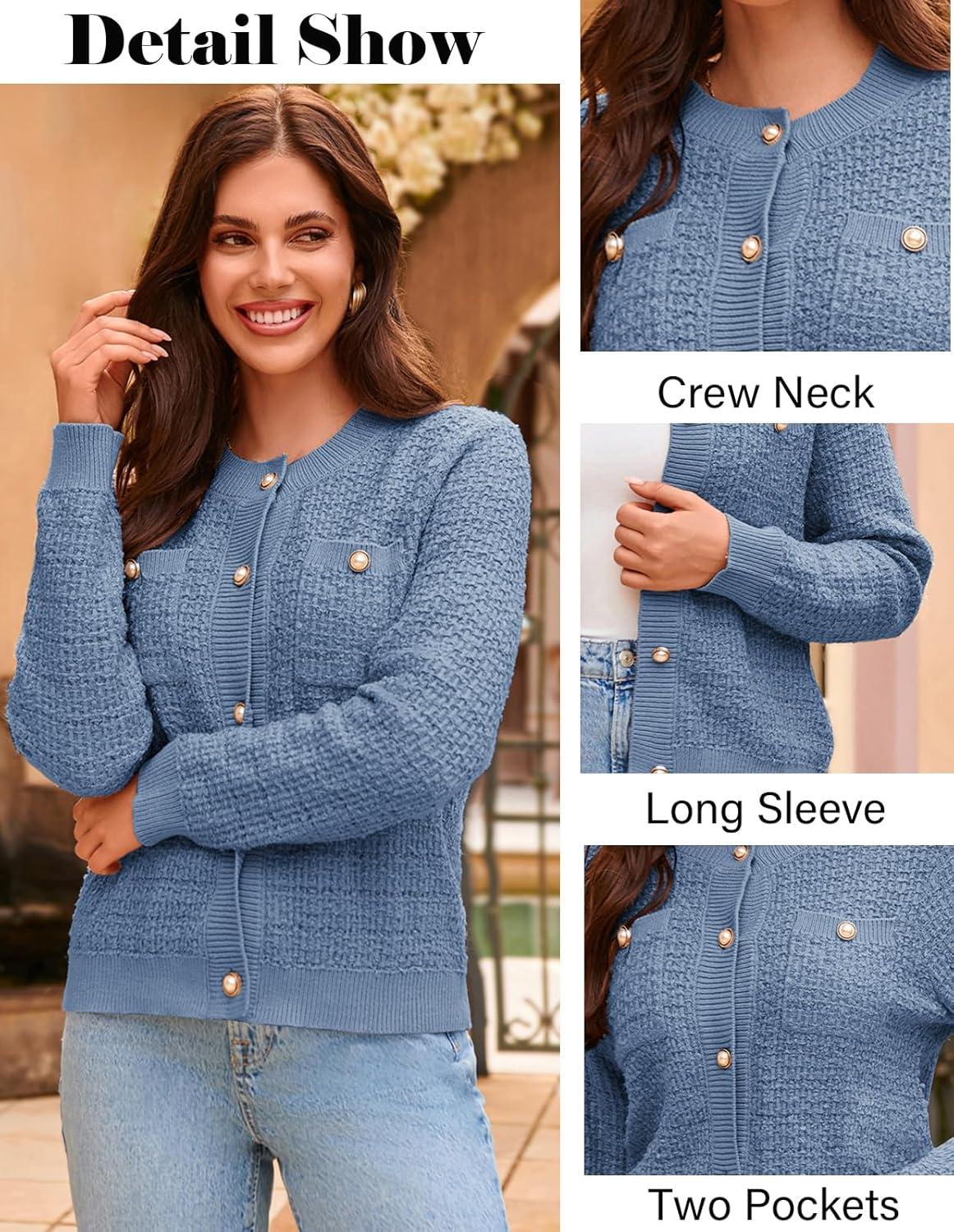 imageGRACE KARIN Womens Open Front Button Down Long Sleeve Texture Knit Cardigan Sweaters with PocketsLight Blue