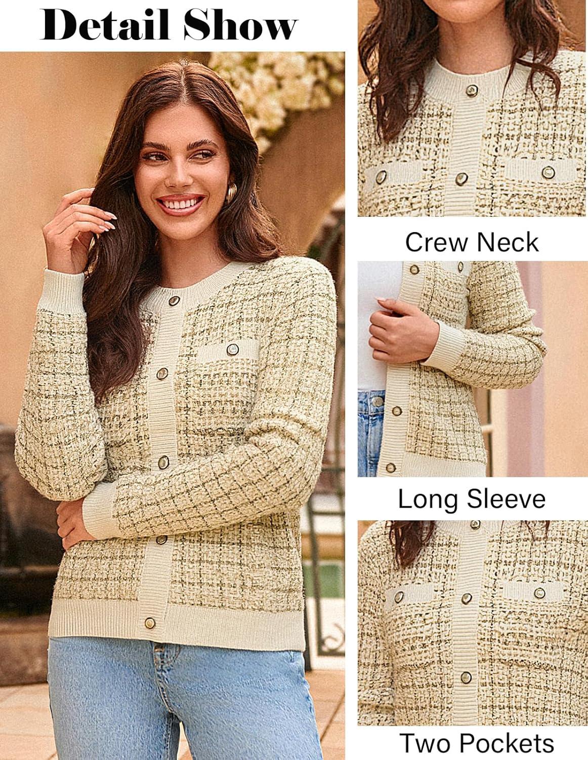 imageGRACE KARIN Womens Open Front Button Down Long Sleeve Texture Knit Cardigan Sweaters with PocketsLight Khaki