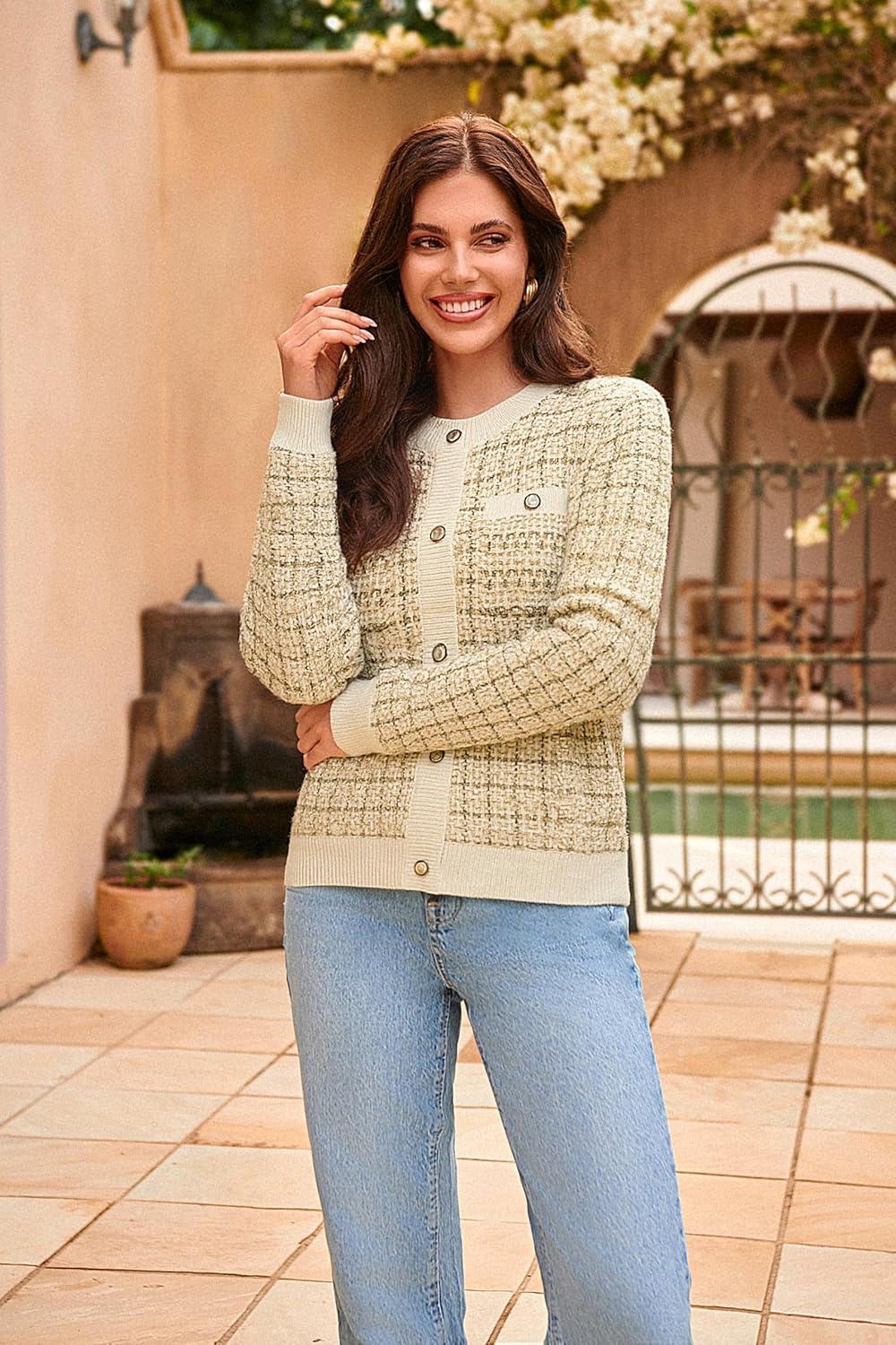 imageGRACE KARIN Womens Open Front Button Down Long Sleeve Texture Knit Cardigan Sweaters with PocketsLight Khaki